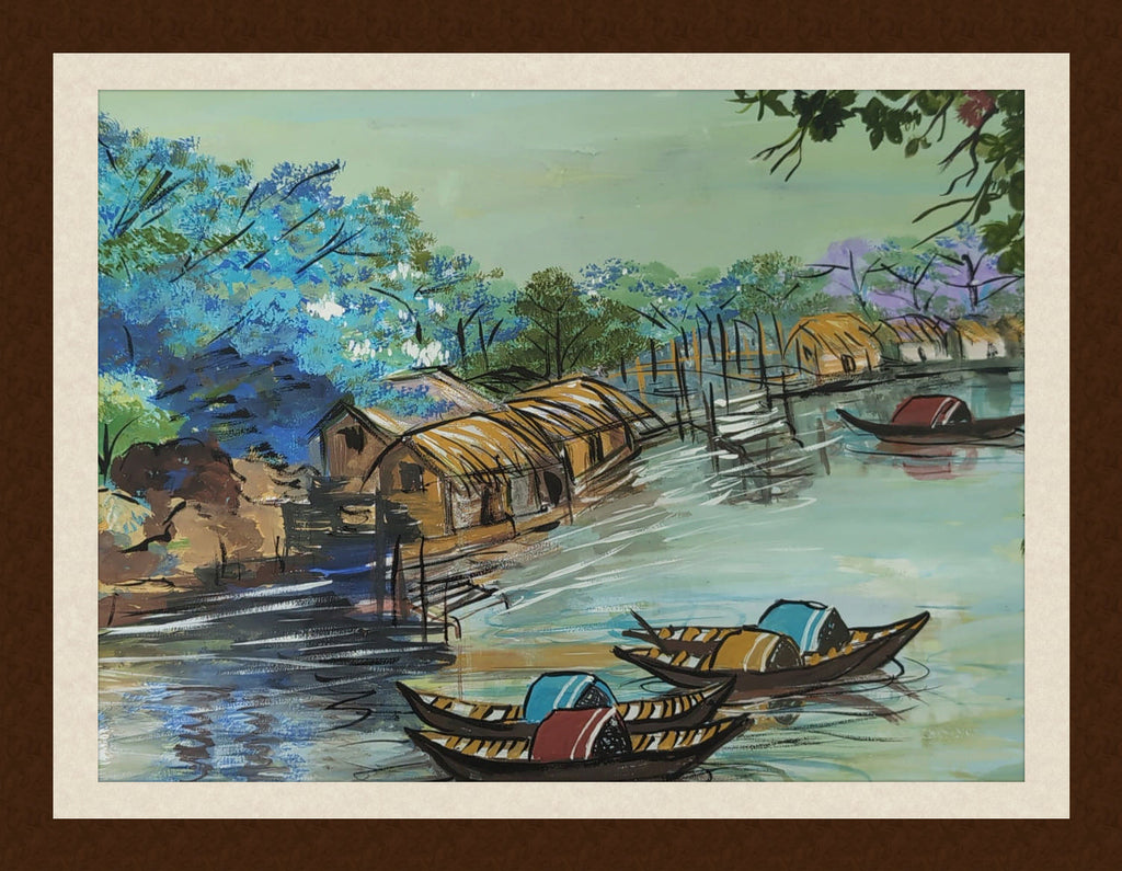 Boats on the River framed fine art paper print – river landscape artwork by Ratna Dutta