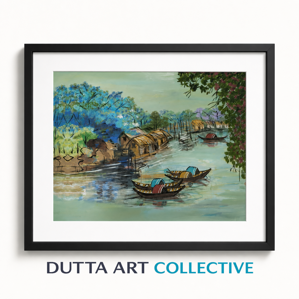 Boats on the River framed fine art paper print – river landscape artwork by Ratna Dutta