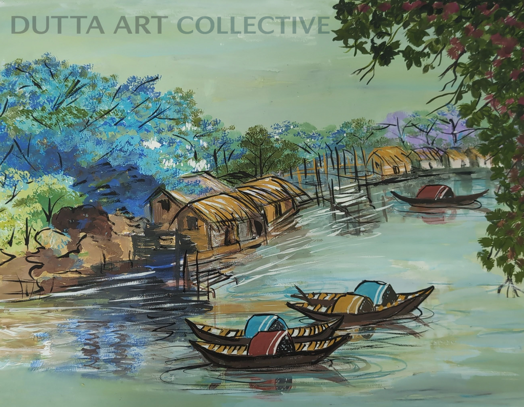Boats on the River framed fine art paper print – river landscape artwork by Ratna Dutta