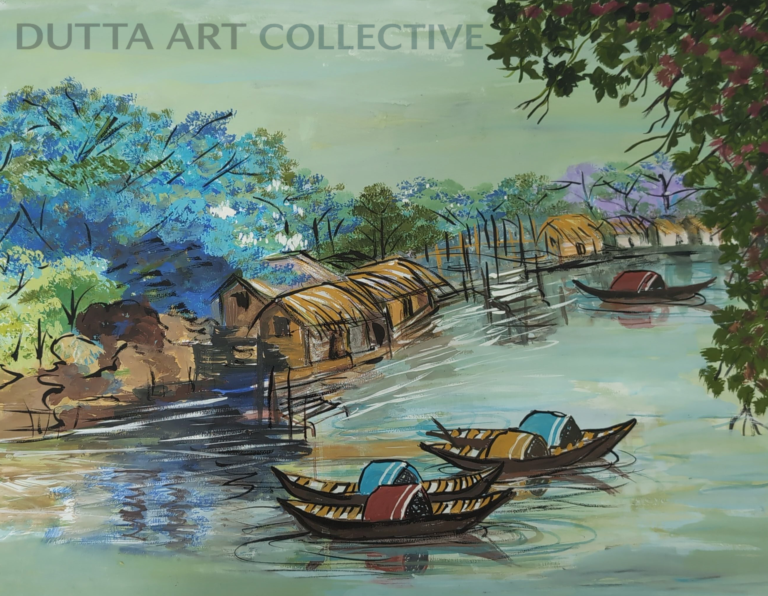 Boats on the River India river scene framed fine art paper print | Dutta Art Collective