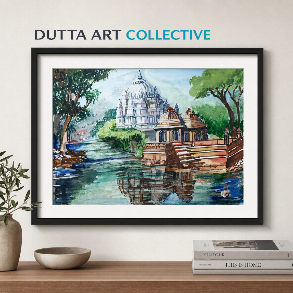 Temple By The Lake framed fine art paper print – lakeside temple artwork by Ratna Dutta
