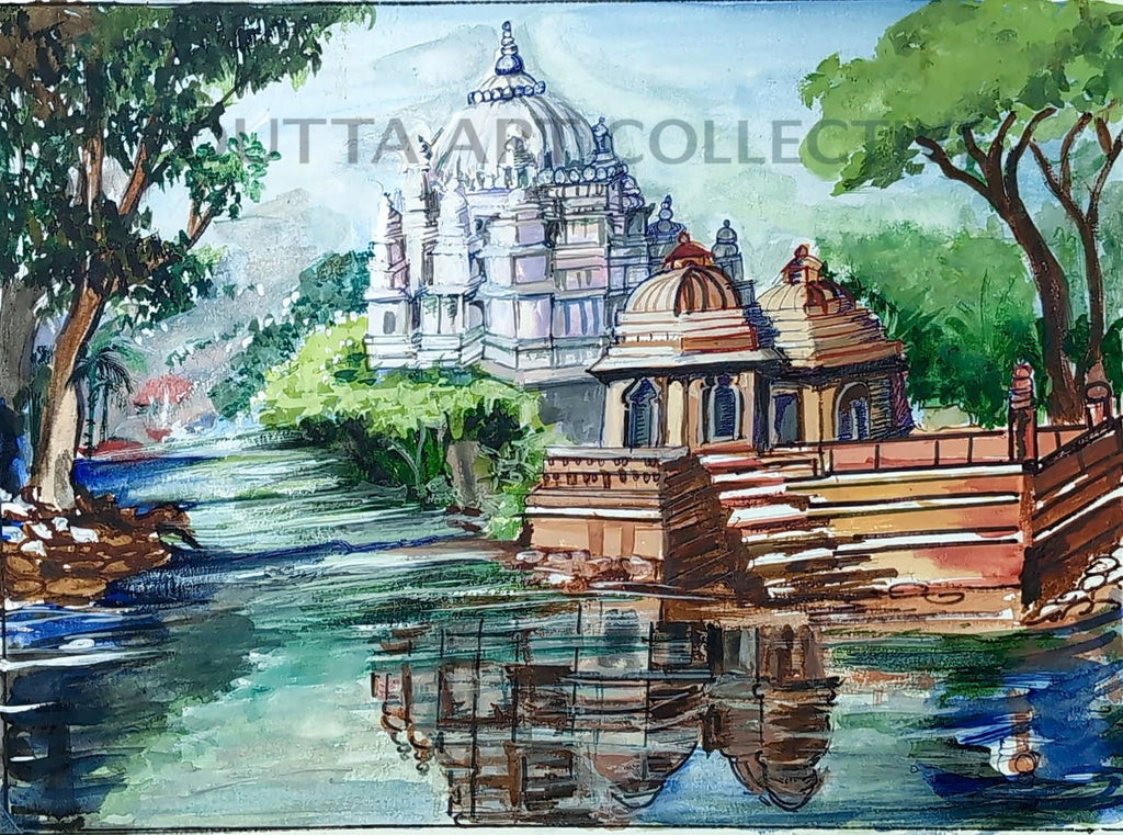 Temple By The Lake framed fine art paper print – lakeside temple artwork by Ratna Dutta