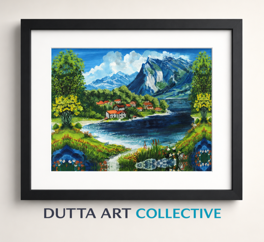 Village By The Mountain framed fine art paper print – mountain village artwork by Ratna Dutta