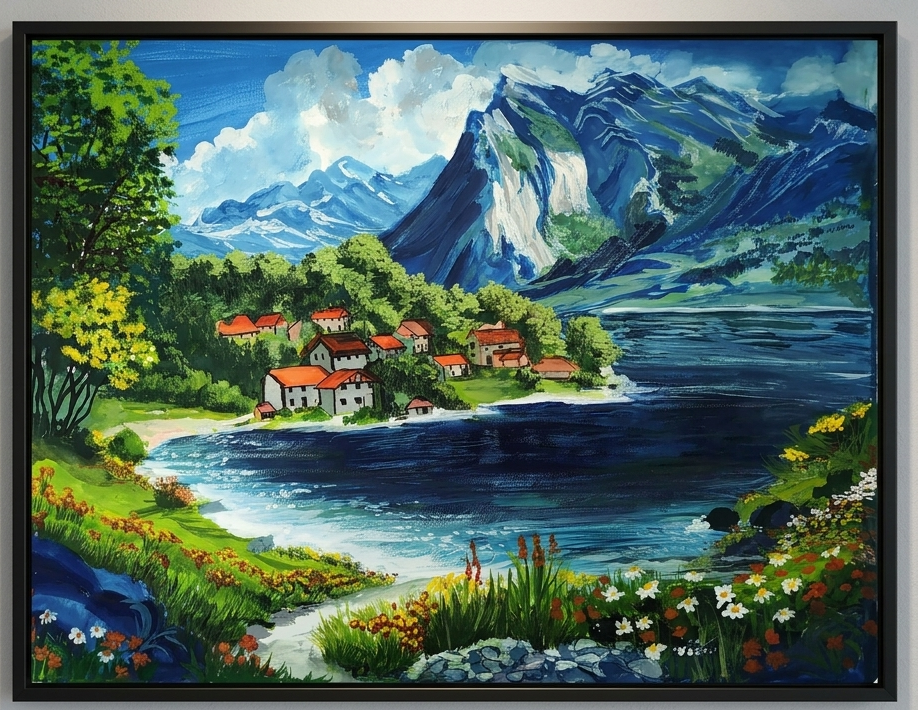 Village By The Mountain framed fine art paper print – mountain village artwork by Ratna Dutta